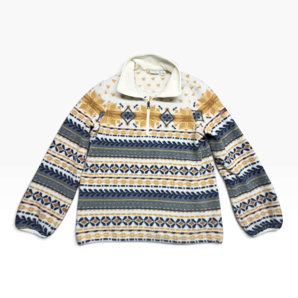 LL Bean Womens Fleece Quarter Zip Pullover Fair Isle Geometric Cream Mustard M